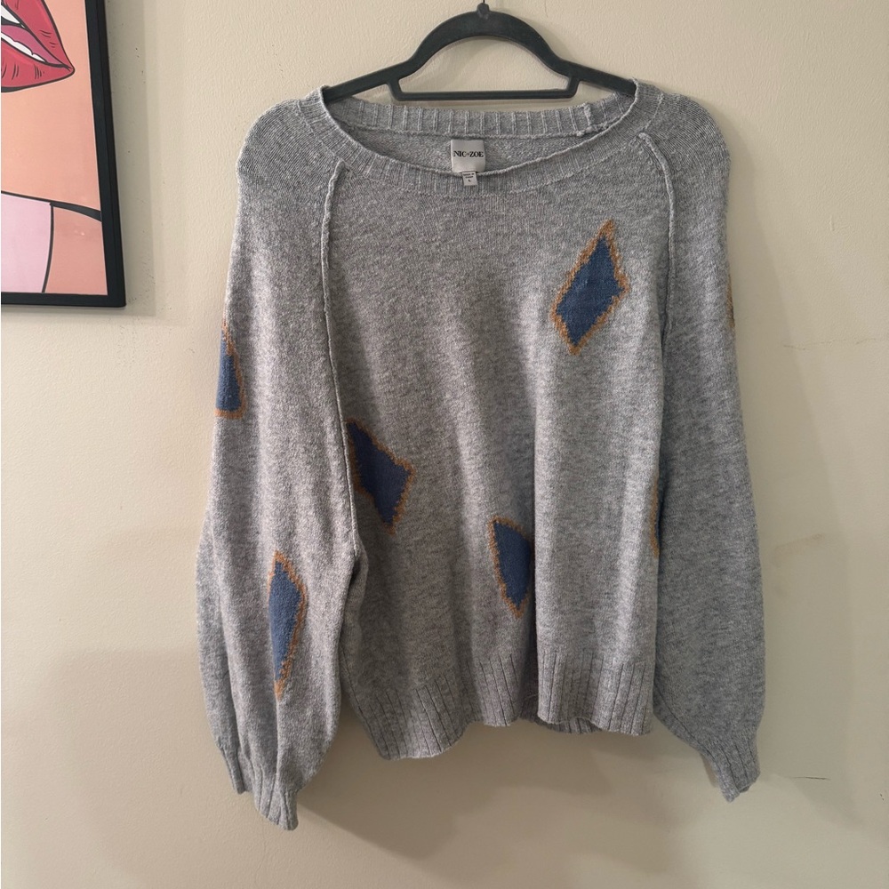 NIC+ZOE Gray Sweater with Blue and Brown Accents